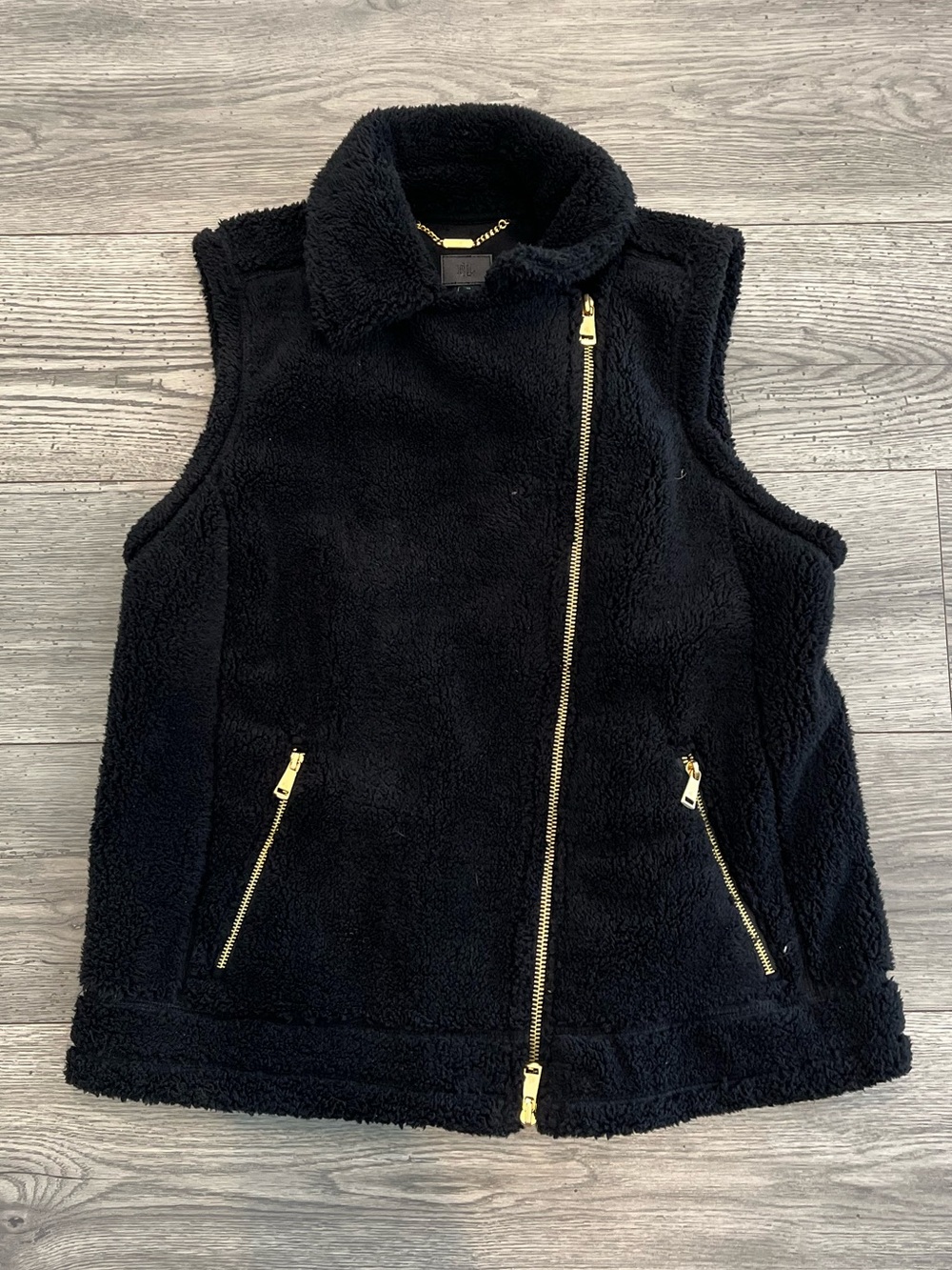 Ralph Lauren Black Label Faux-Shearling Moto Sherpa Zip Vest Gold Zippers Medium